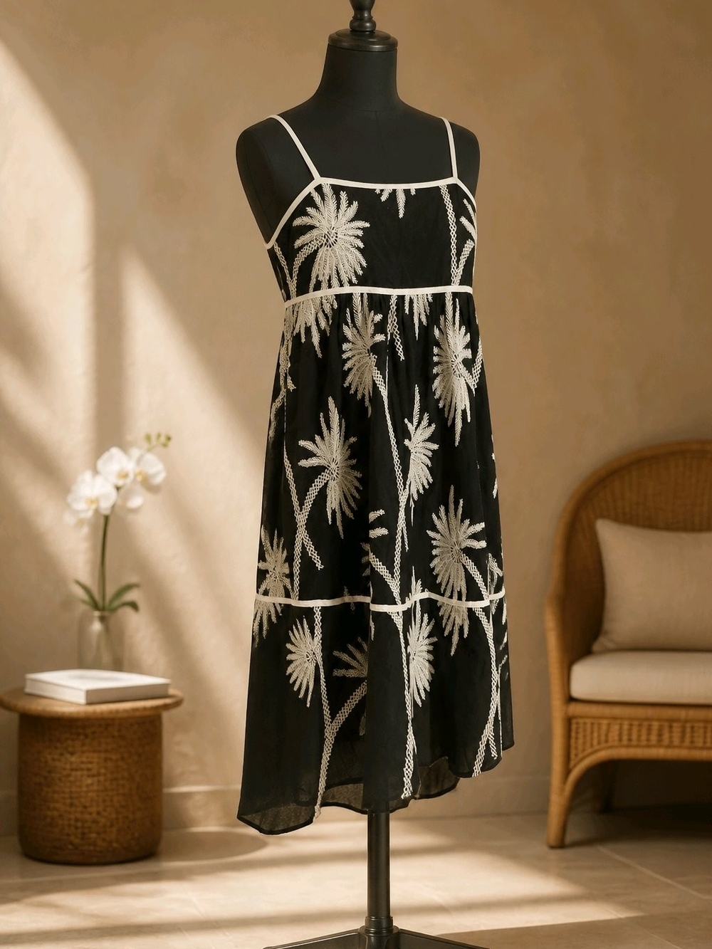 Francesca's Collections Black Midi Sundress with White Palm Embroidery